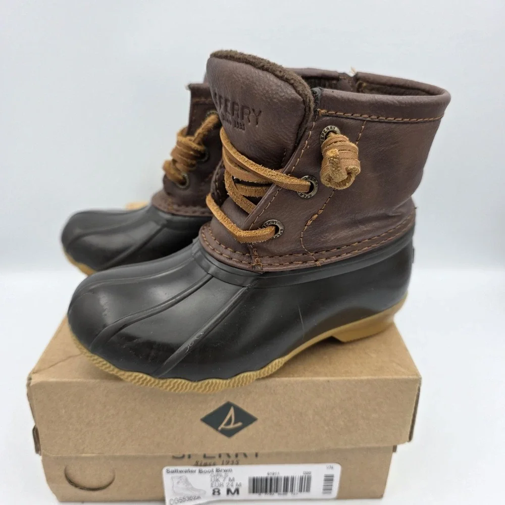 Sperry Saltwater Brown Duck Boots Girls Size 8 Ankle Side Zipper & LaceUp Shoes